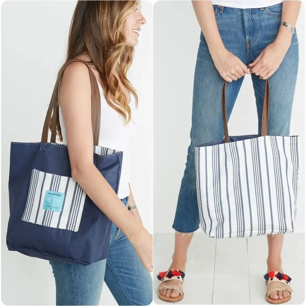Three Cords x Marine Layer Reversible Tote in White/Blue Stripe